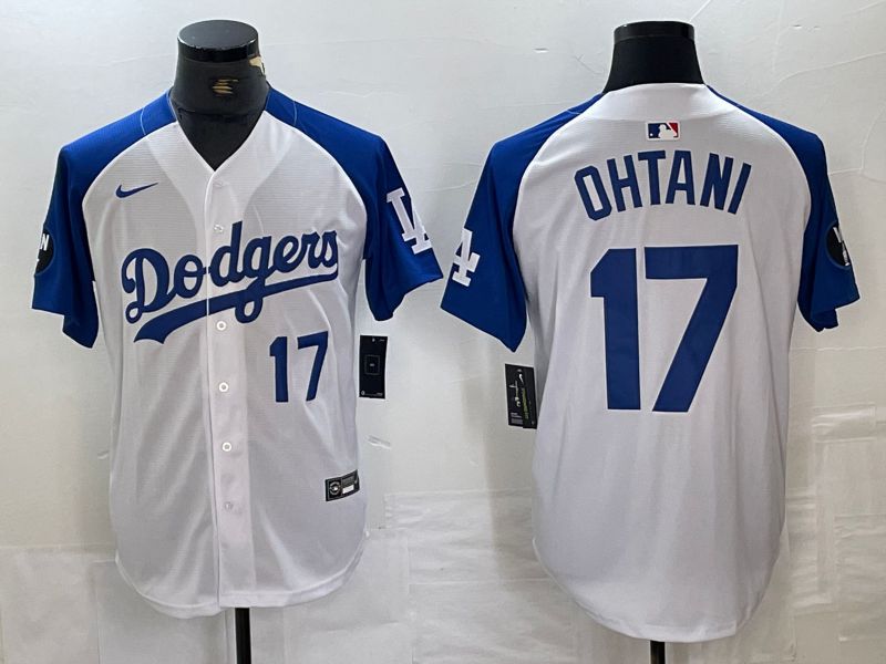 Men Los Angeles Dodgers 17 Ohtani White blue Fashion Nike Game MLB Jersey style 2